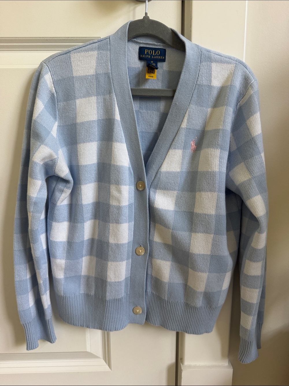 Polo by Ralph Lauren Light Blue & White Check Cardigan with Pink Pony